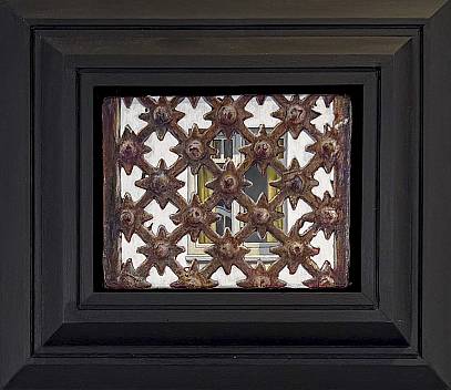 Betrachtend unseren Eingang in der Spiegelung im Fenster unserer Nachbarn  Öl auf Leinwand 