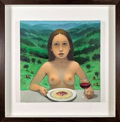 Frau mit Spaghetti  Öl auf Holz 